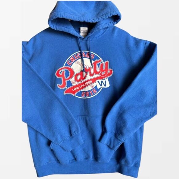 Gildan Hoodie Men's L Chicago Cubs 2016‎ Party 1908 Blue Baseball Y2K Sportswear - Picture 2 of 16